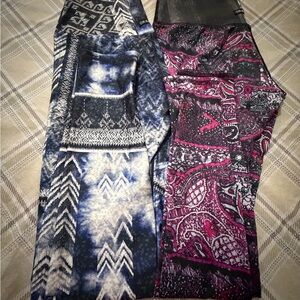 Dual-Pattern Leggings Pair — Navy White & Magenta Paisley Panels